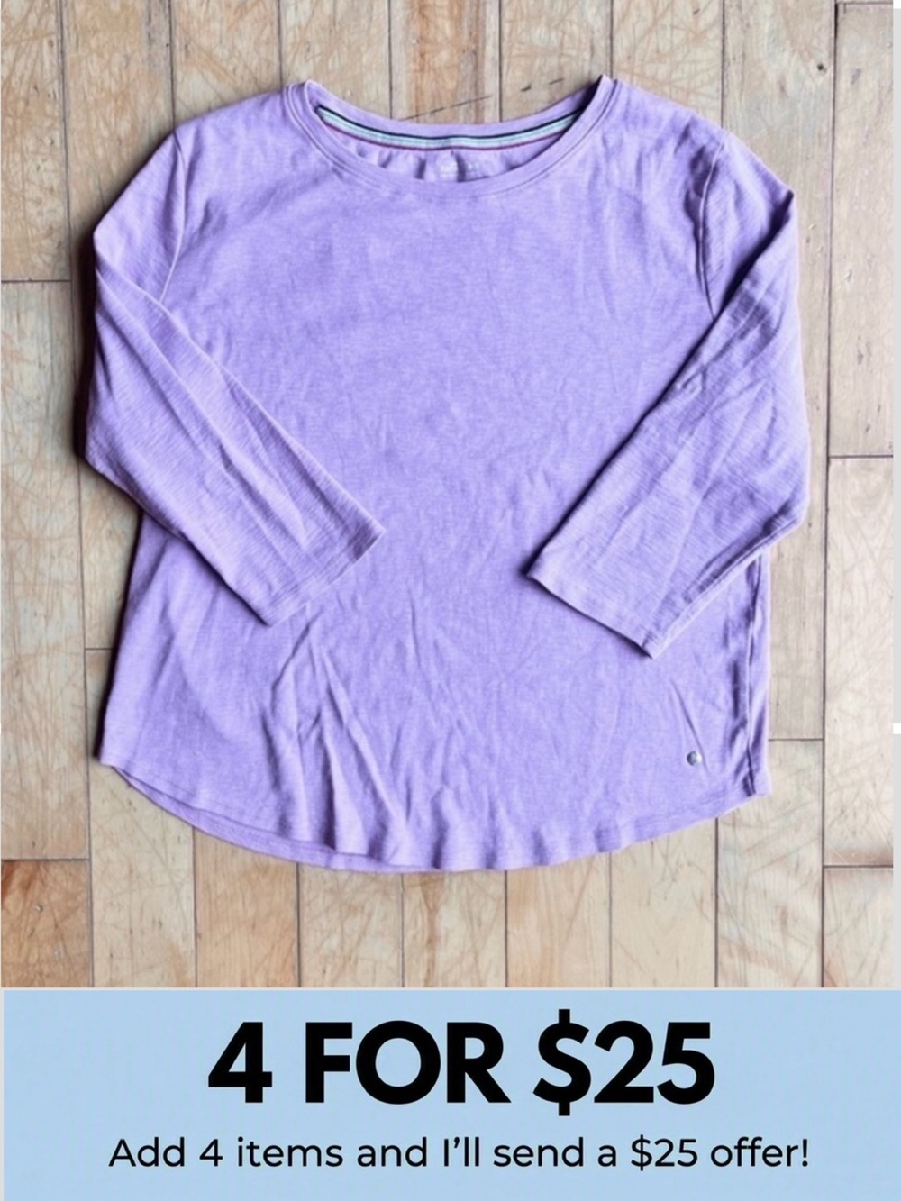Northern Reflections 100% Cotton Lavender Essential 3/4 sleeves Top Size Large